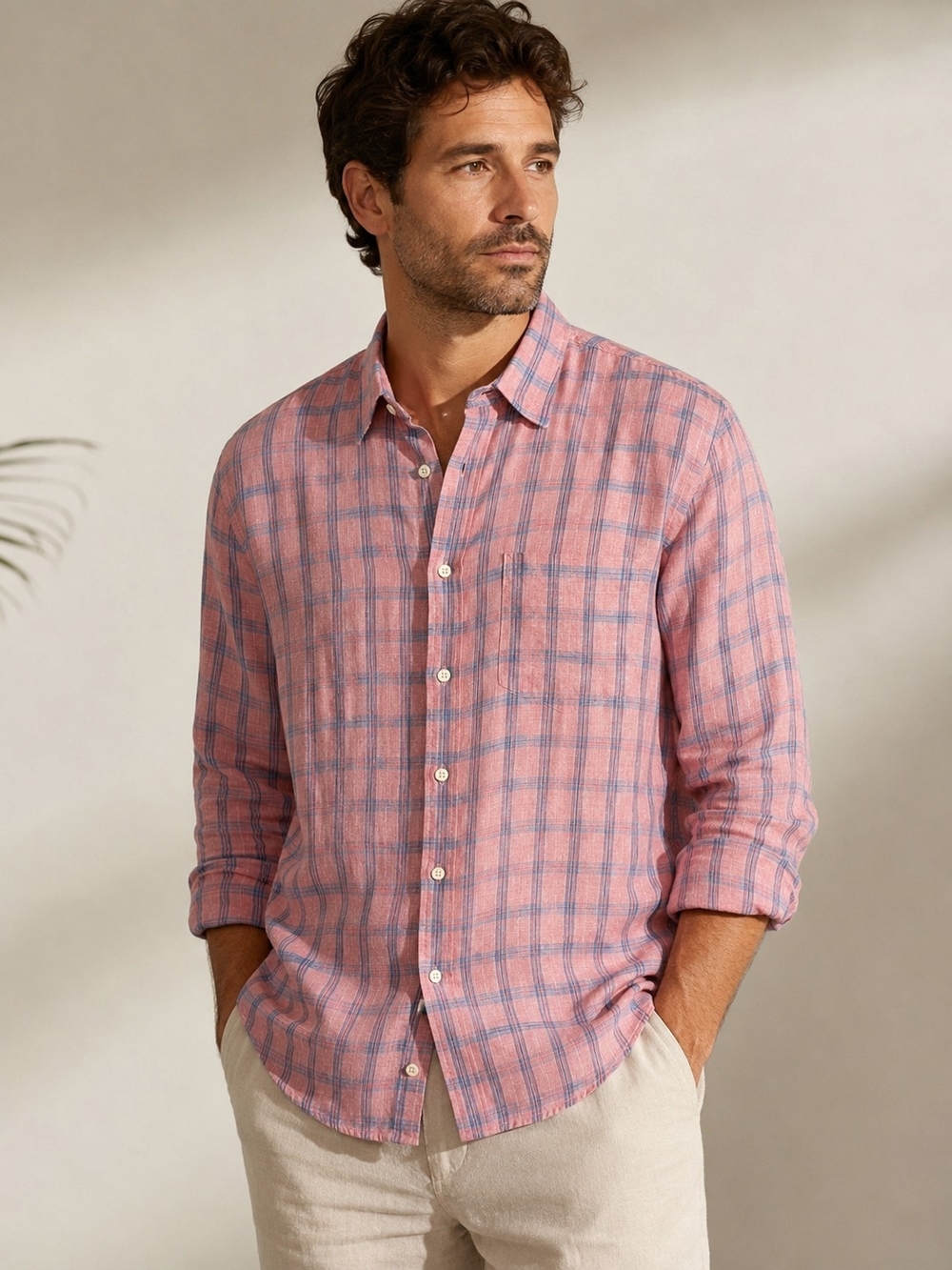 Devon Harris Men’s XL 100% Linen Plaid Button Down Shirt Pink Blue Long Sleeve